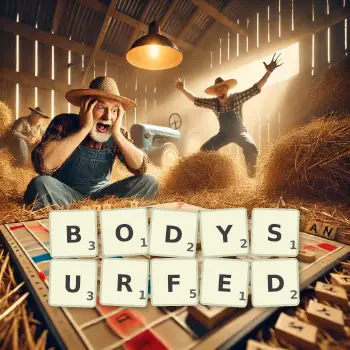 Creative illustration for a Scrabble game with the word BODYSURFED spelled out in tiles on the board.