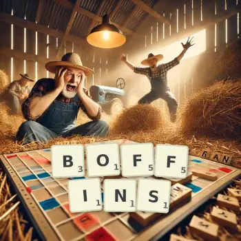 Creative illustration for a Scrabble game with the word BOFFINS spelled out in tiles on the board.
