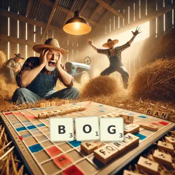 Creative illustration for a Scrabble game with the word BOG spelled out in tiles on the board.