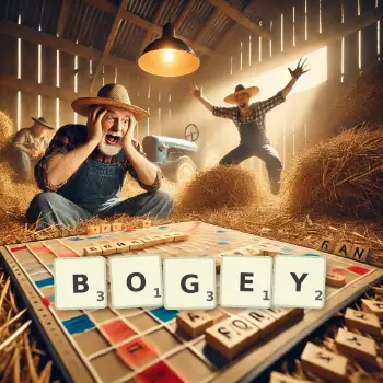Creative illustration for a Scrabble game with the word BOGEY spelled out in tiles on the board.
