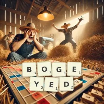 Creative illustration for a Scrabble game with the word BOGEYED spelled out in tiles on the board.