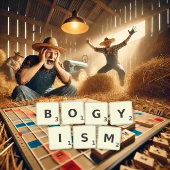 Creative illustration for a Scrabble game with the word BOGYISM spelled out in tiles on the board.