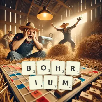 Creative illustration for a Scrabble game with the word BOHRIUM spelled out in tiles on the board.