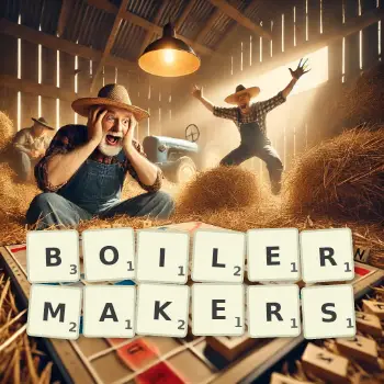 Creative illustration for a Scrabble game with the word BOILERMAKERS spelled out in tiles on the board.