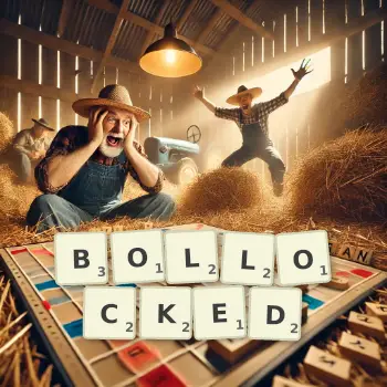 Creative illustration for a Scrabble game with the word BOLLOCKED spelled out in tiles on the board.