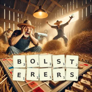 Creative illustration for a Scrabble game with the word BOLSTERERS spelled out in tiles on the board.