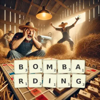 Creative illustration for a Scrabble game with the word BOMBARDING spelled out in tiles on the board.