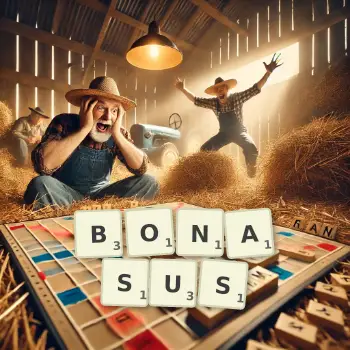 Creative illustration for a Scrabble game with the word BONASUS spelled out in tiles on the board.