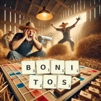 Creative illustration for a Scrabble game with the word BONITOS spelled out in tiles on the board.
