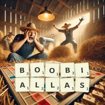Creative illustration for a Scrabble game with the word BOOBIALLAS spelled out in tiles on the board.
