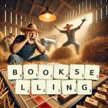 Creative illustration for a Scrabble game with the word BOOKSELLING spelled out in tiles on the board.