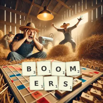 Creative illustration for a Scrabble game with the word BOOMERS spelled out in tiles on the board.