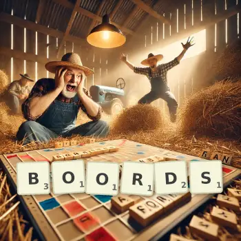 Creative illustration for a Scrabble game with the word BOORDS spelled out in tiles on the board.