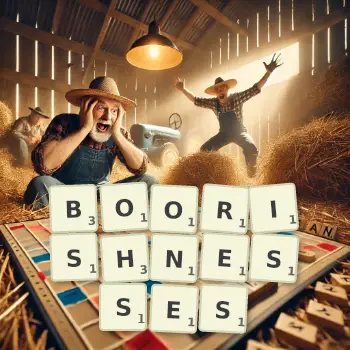 Creative illustration for a Scrabble game with the word BOORISHNESSES spelled out in tiles on the board.