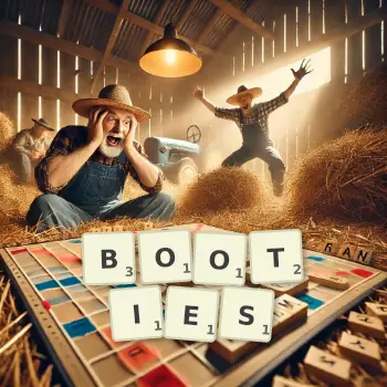 Creative illustration for a Scrabble game with the word BOOTIES spelled out in tiles on the board.