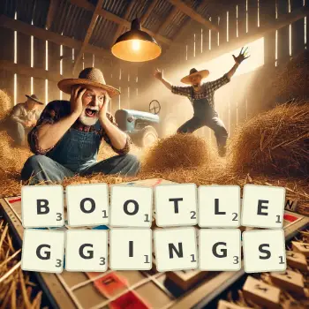 Creative illustration for a Scrabble game with the word BOOTLEGGINGS spelled out in tiles on the board.