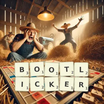 Creative illustration for a Scrabble game with the word BOOTLICKER spelled out in tiles on the board.