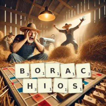 Creative illustration for a Scrabble game with the word BORACHIOS spelled out in tiles on the board.