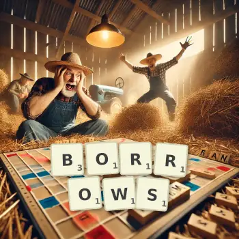 Creative illustration for a Scrabble game with the word BORROWS spelled out in tiles on the board.