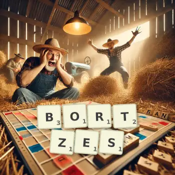 Creative illustration for a Scrabble game with the word BORTZES spelled out in tiles on the board.