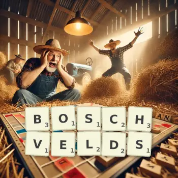 Creative illustration for a Scrabble game with the word BOSCHVELDS spelled out in tiles on the board.