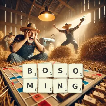 Creative illustration for a Scrabble game with the word BOSOMING spelled out in tiles on the board.