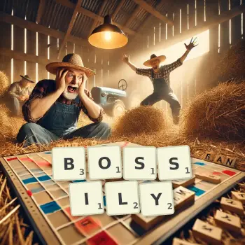 Creative illustration for a Scrabble game with the word BOSSILY spelled out in tiles on the board.
