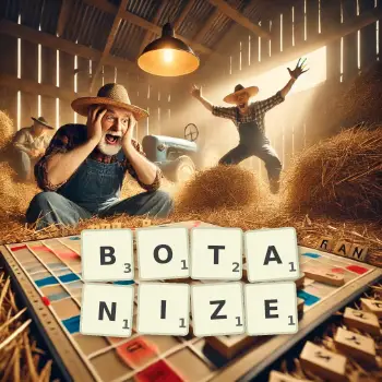 Creative illustration for a Scrabble game with the word BOTANIZE spelled out in tiles on the board.