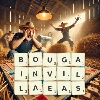 Creative illustration for a Scrabble game with the word BOUGAINVILLAEAS spelled out in tiles on the board.