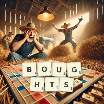 Creative illustration for a Scrabble game with the word BOUGHTS spelled out in tiles on the board.