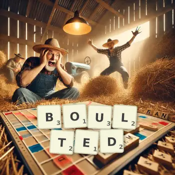 Creative illustration for a Scrabble game with the word BOULTED spelled out in tiles on the board.