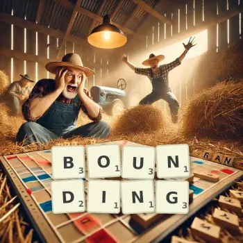 Creative illustration for a Scrabble game with the word BOUNDING spelled out in tiles on the board.