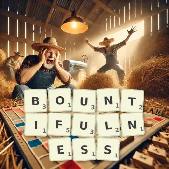 Creative illustration for a Scrabble game with the word BOUNTIFULNESS spelled out in tiles on the board.