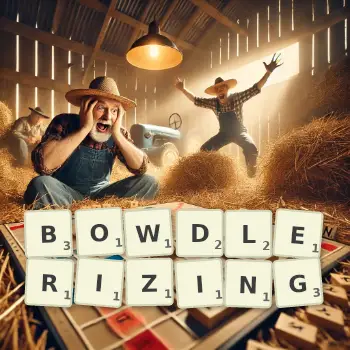 Creative illustration for a Scrabble game with the word BOWDLERIZING spelled out in tiles on the board.