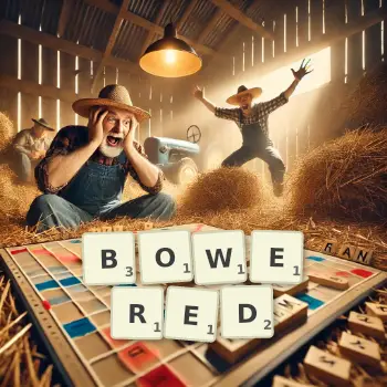 Creative illustration for a Scrabble game with the word BOWERED spelled out in tiles on the board.