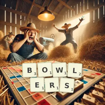 Creative illustration for a Scrabble game with the word BOWLERS spelled out in tiles on the board.