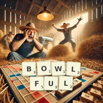 Creative illustration for a Scrabble game with the word BOWLFUL spelled out in tiles on the board.