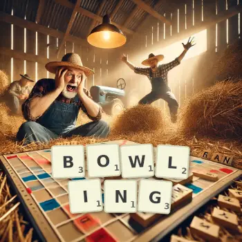 Creative illustration for a Scrabble game with the word BOWLING spelled out in tiles on the board.