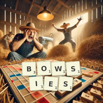 Creative illustration for a Scrabble game with the word BOWSIES spelled out in tiles on the board.