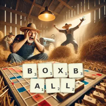 Creative illustration for a Scrabble game with the word BOXBALL spelled out in tiles on the board.