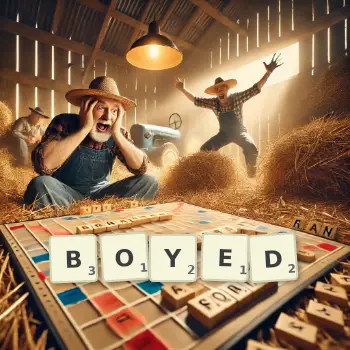 Creative illustration for a Scrabble game with the word BOYED spelled out in tiles on the board.