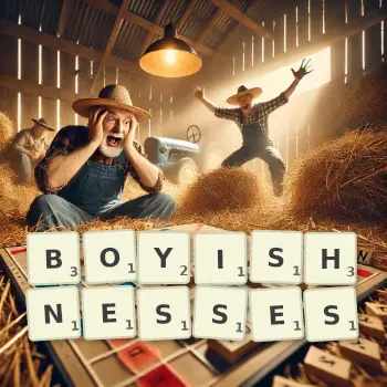 Creative illustration for a Scrabble game with the word BOYISHNESSES spelled out in tiles on the board.