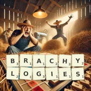 Creative illustration for a Scrabble game with the word BRACHYLOGIES spelled out in tiles on the board.