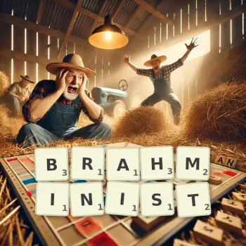 Creative illustration for a Scrabble game with the word BRAHMINIST spelled out in tiles on the board.