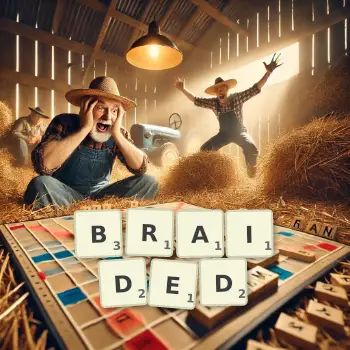 Creative illustration for a Scrabble game with the word BRAIDED spelled out in tiles on the board.