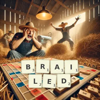 Creative illustration for a Scrabble game with the word BRAILED spelled out in tiles on the board.
