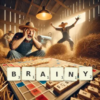 Creative illustration for a Scrabble game with the word BRAINY spelled out in tiles on the board.