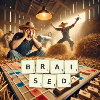 Creative illustration for a Scrabble game with the word BRAISED spelled out in tiles on the board.
