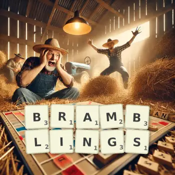 Creative illustration for a Scrabble game with the word BRAMBLINGS spelled out in tiles on the board.