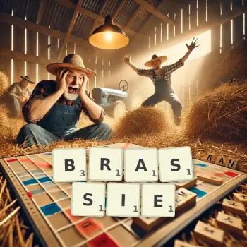 Creative illustration for a Scrabble game with the word BRASSIE spelled out in tiles on the board.